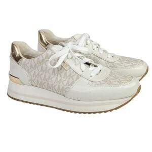 Michael Kors MK Logo Monique Trainer Platform Sneakers Size 8 Cream Gold